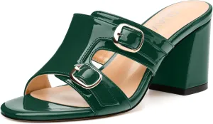 Women's Sandals, Round Open Toe Mid Heels, Slip On Fashion Buckle Heeled Sandal for Working Party Wedding