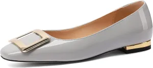 Women's Square Toe Gold Metal Buckle Pumps Patent Leather Slip On Flat Shoes