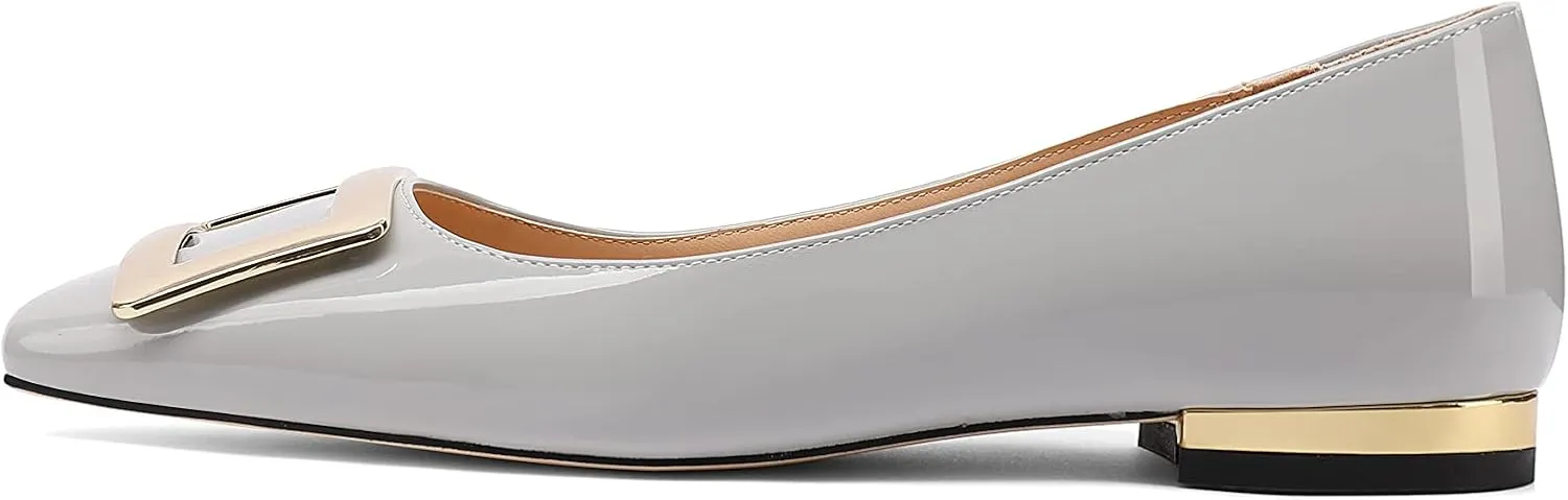 Women's Square Toe Gold Metal Buckle Pumps Patent Leather Slip On Flat Shoes