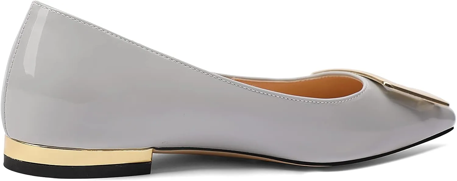 Women's Square Toe Gold Metal Buckle Pumps Patent Leather Slip On Flat Shoes