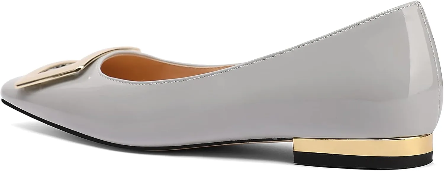 Women's Square Toe Gold Metal Buckle Pumps Patent Leather Slip On Flat Shoes
