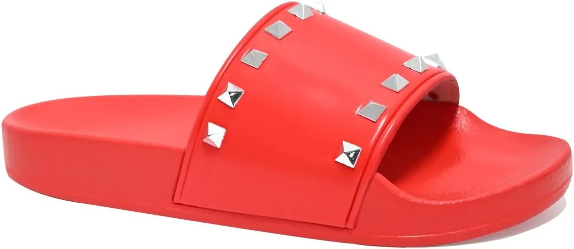 Women's Studded Flat Slippers Slip On Summer Indoor and Outdoor Slide Sandals Beach Rain Shoes