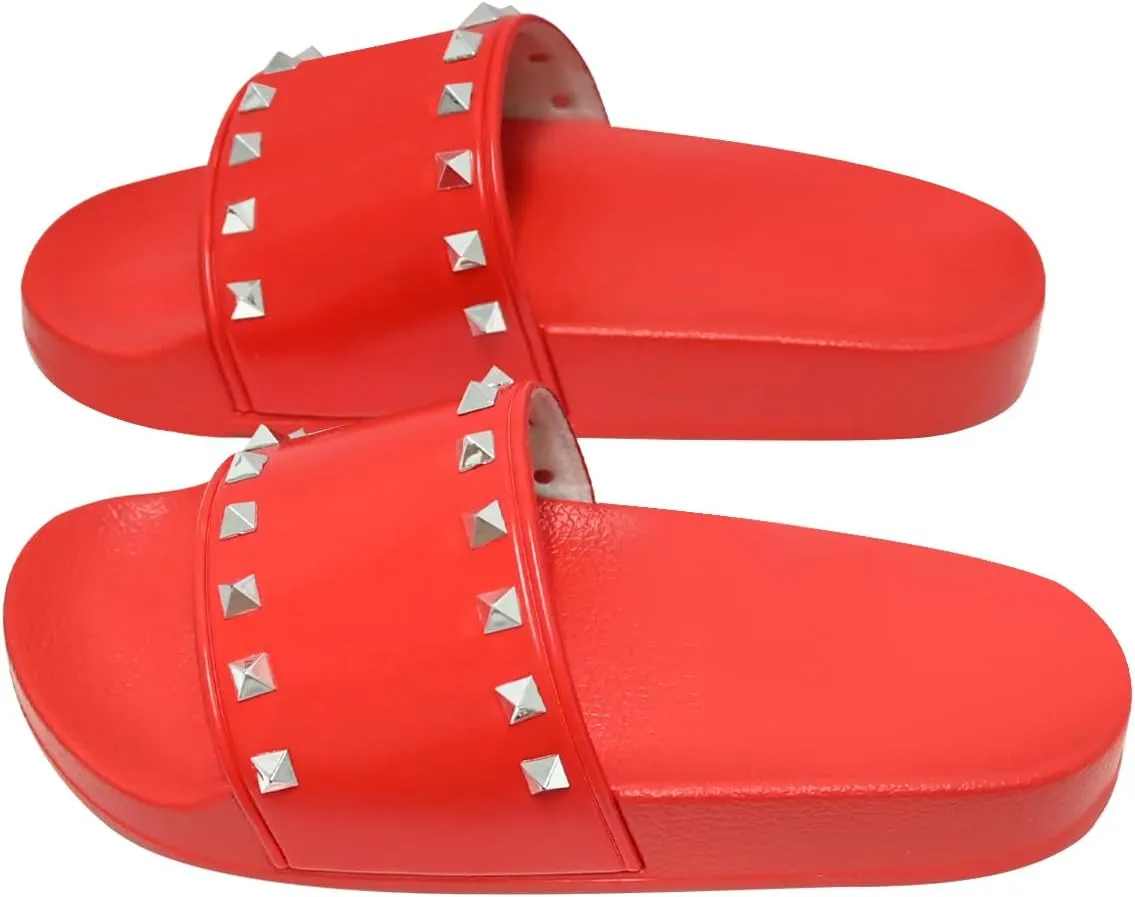 Women's Studded Flat Slippers Slip On Summer Indoor and Outdoor Slide Sandals Beach Rain Shoes