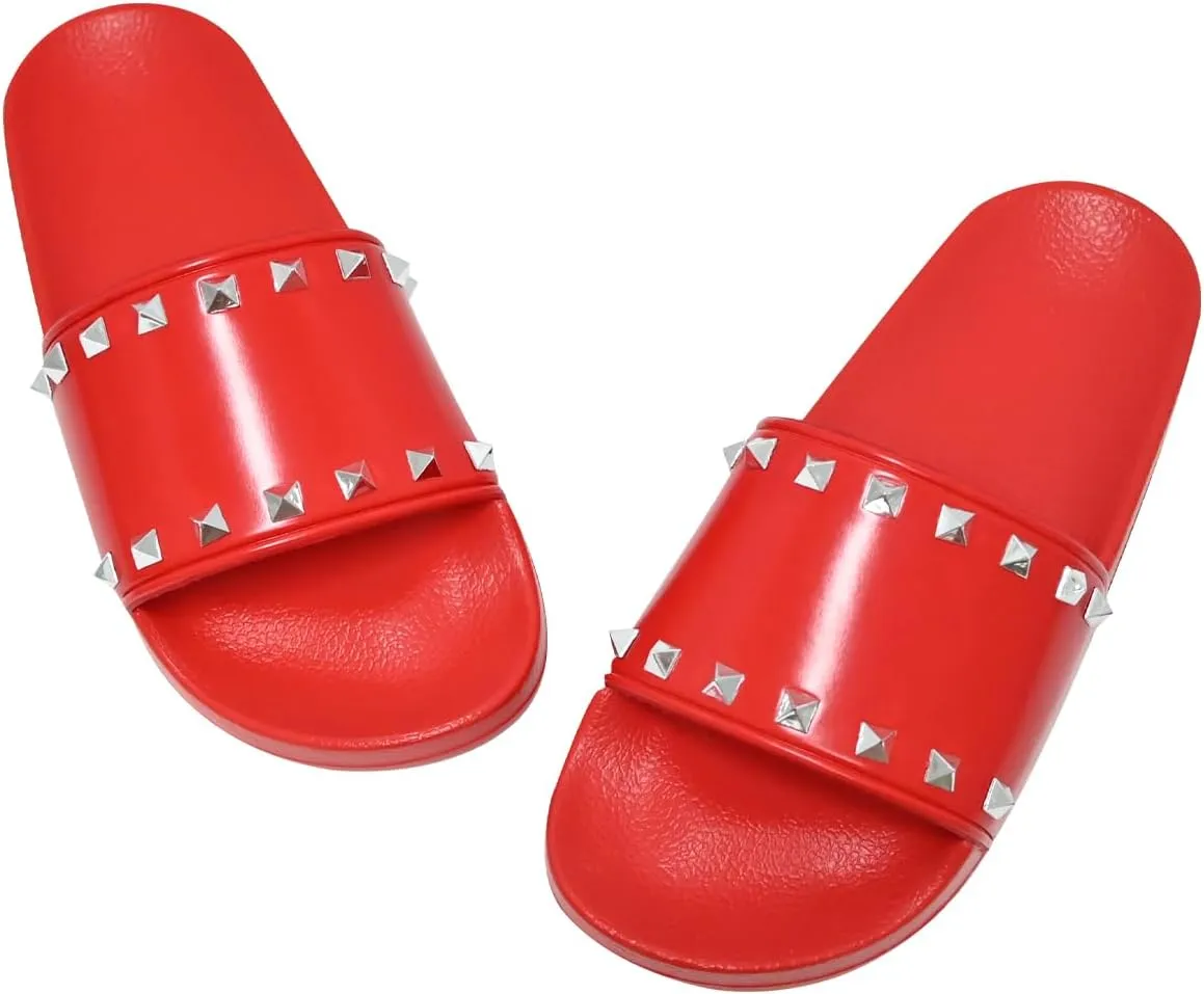 Women's Studded Flat Slippers Slip On Summer Indoor and Outdoor Slide Sandals Beach Rain Shoes