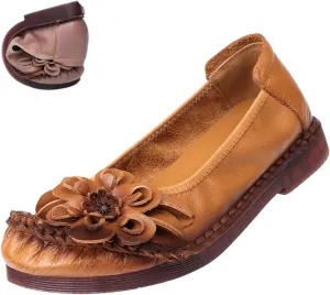 Women's Vintage Flower Leather Slip On Ballet Flats,Lightweight Comfort Non-Slip Ox Softsole Casual Dressy Pumps