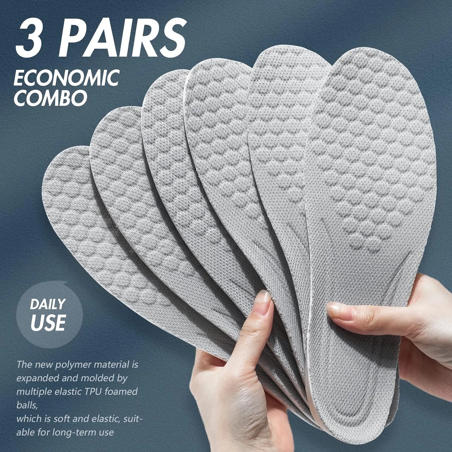 XINIFOOT 3 Pairs Premium Comfort Shoe Replacement Insole, Shock Absorption Elastic Cushion Inserts, Breathable Shoe Inner Soles for Women Gray