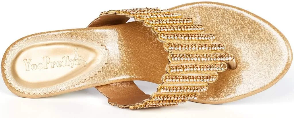 YooPrettyz Women T-Strap Slide Sandals Summer Beach Glitter Thong Sandal Chunky Heels